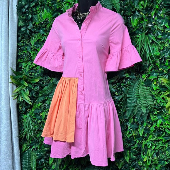 Fanco Dresses & Skirts - Fanco Dress Small Pink Orange Colorblock Ruffle Bell Sleeve Shirt Dress 3655